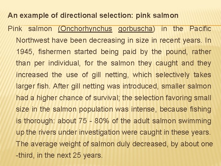 An example of directional selection: pink salmon Pink salmon (Onchorhynchus gorbuscha) in the Pacific