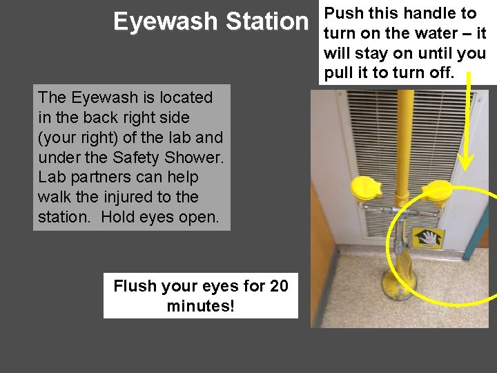 Eyewash Station The Eyewash is located in the back right side (your right) of Eyewash Station The Eyewash is located in the back right side (your right) of