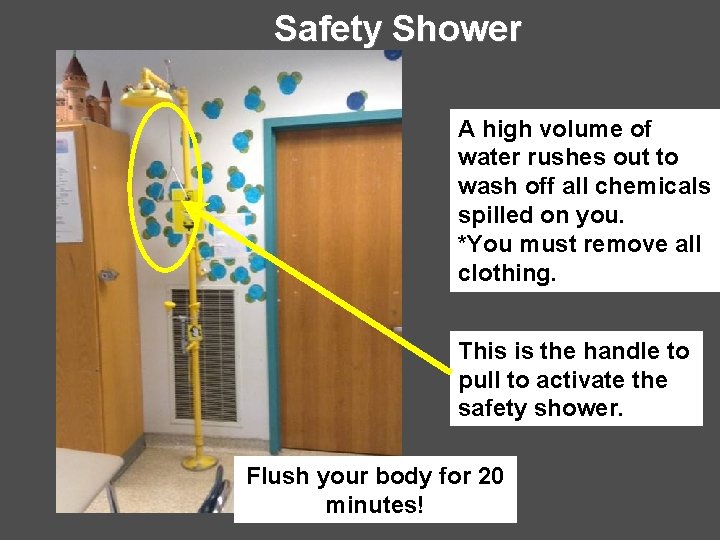 Safety Shower A high volume of water rushes out to wash off all chemicals