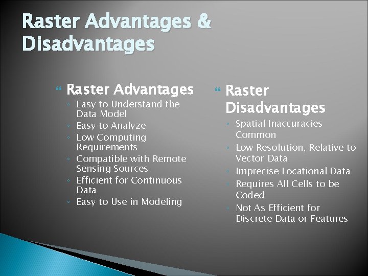 Raster Advantages & Disadvantages Raster Advantages ◦ Easy to Understand the Data Model ◦