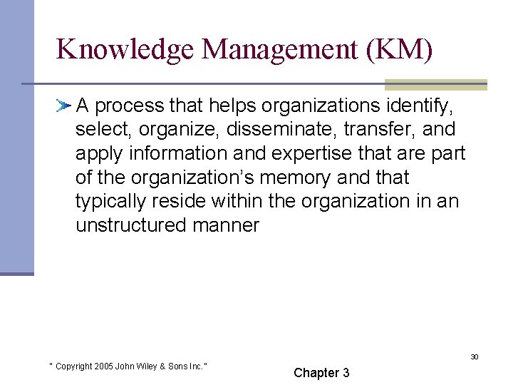 Knowledge Management (KM) A process that helps organizations identify, select, organize, disseminate, transfer, and