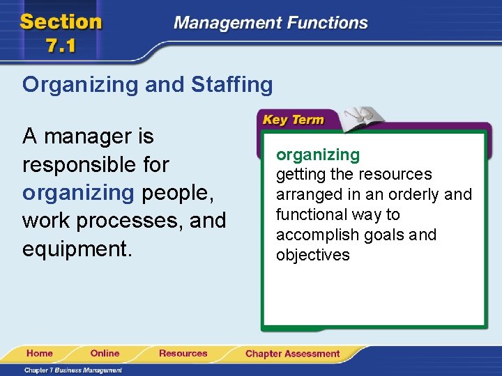 Organizing and Staffing A manager is responsible for organizing people, work processes, and equipment.