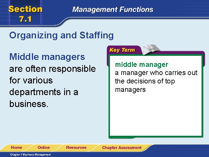 Organizing and Staffing Middle managers are often responsible for various departments in a business.