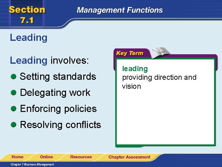 Leading involves: Setting standards Delegating work Enforcing policies Resolving conflicts leading providing direction and