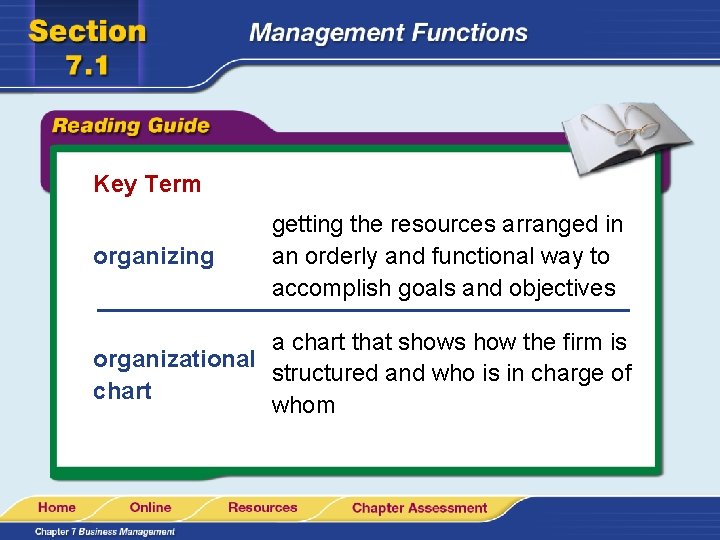 Key Term organizing getting the resources arranged in an orderly and functional way to