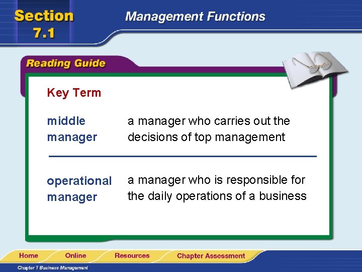 Key Term middle manager a manager who carries out the decisions of top management