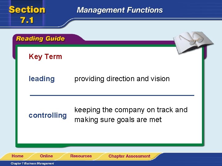 Key Term leading providing direction and vision controlling keeping the company on track and