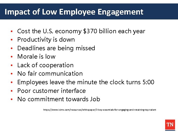 Impact of Low Employee Engagement • • • Cost the U. S. economy $370