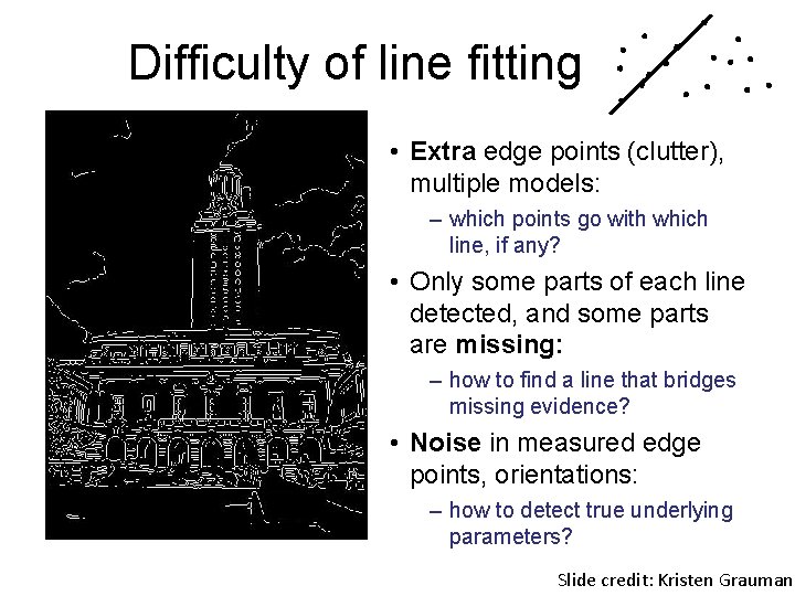 Difficulty of line fitting • Extra edge points (clutter), multiple models: – which points