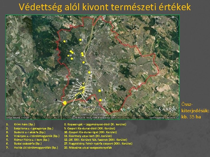 Védettség alól kivont természeti értékek Összkiterjedésük: kb. 35 ha 1. 2. 3. 4. 5.