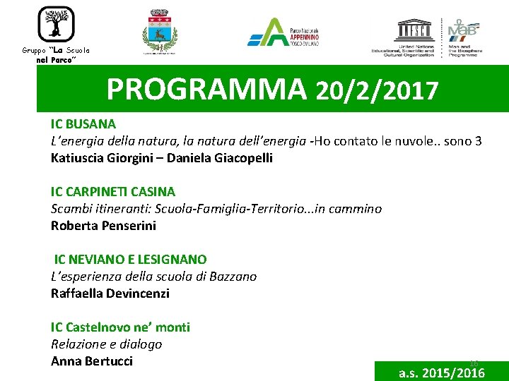 “La Scuola nel Parco” Gruppo PROGRAMMA 20/2/2017 PROGETTI E RELATORI: IC BUSANA L’energia della