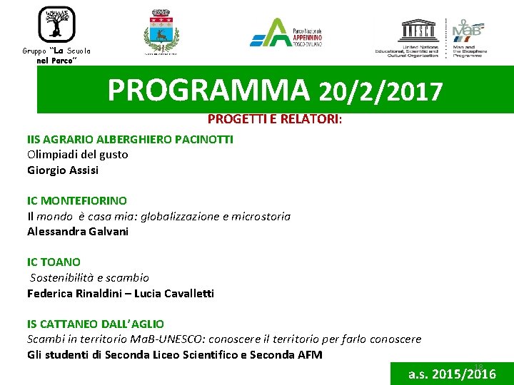 “La Scuola nel Parco” Gruppo PROGRAMMA 20/2/2017 PROGETTI E RELATORI: IIS AGRARIO ALBERGHIERO PACINOTTI