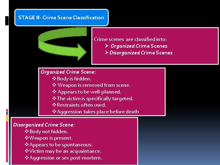 STAGE II- Crime Scene Classification Crime scenes are classified into: Ø Organized Crime Scenes
