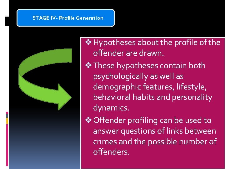 STAGE IV- Profile Generation v Hypotheses about the profile of the offender are drawn.