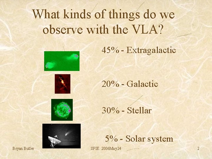 What kinds of things do we observe with the VLA? 45% - Extragalactic 20%