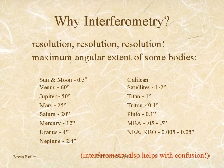 Why Interferometry? resolution, resolution! maximum angular extent of some bodies: Sun & Moon -