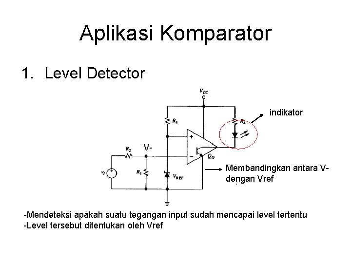 Aplikasi Komparator 1. Level Detector indikator VMembandingkan antara Vdengan Vref -Mendeteksi apakah suatu tegangan