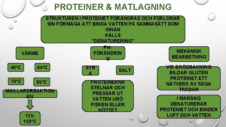 PROTEINER & MATLAGNING VÄRME STRUKTUREN I PROTEINET FÖRÄNDRAS OCH FÖRLORAR SIN FÖRMÅGA ATT BINDA