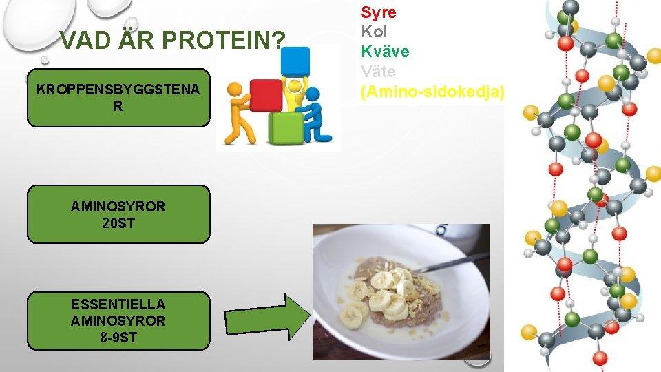 VAD ÄR PROTEIN? KROPPENSBYGGSTENA R AMINOSYROR 20 ST ESSENTIELLA AMINOSYROR 8 -9 ST Syre