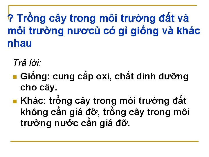 ? Trồng cây trong môi trường đất và môi trường nươcù có gì giống