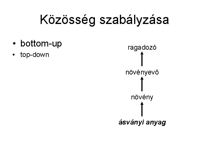 Közösség szabályzása • bottom-up • top-down ragadozó növényevő növény ásványi anyag 