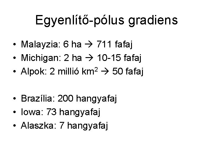 Egyenlítő-pólus gradiens • Malayzia: 6 ha 711 fafaj • Michigan: 2 ha 10 -15