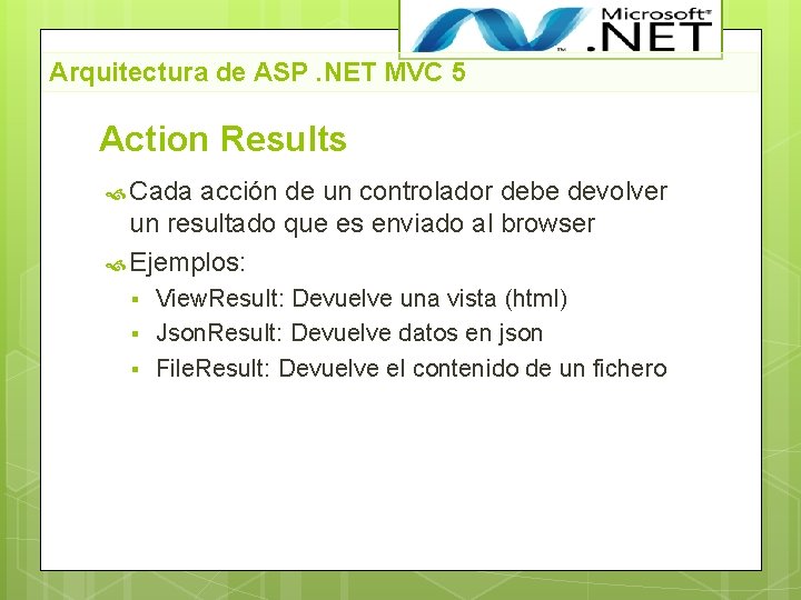 Arquitectura de ASP. NET MVC 5 Action Results Cada acción de un controlador debe