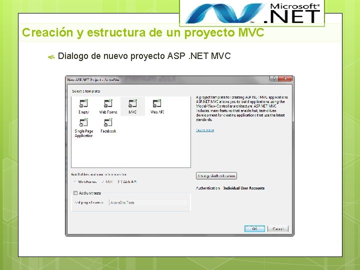 Creación y estructura de un proyecto MVC Dialogo de nuevo proyecto ASP. NET MVC