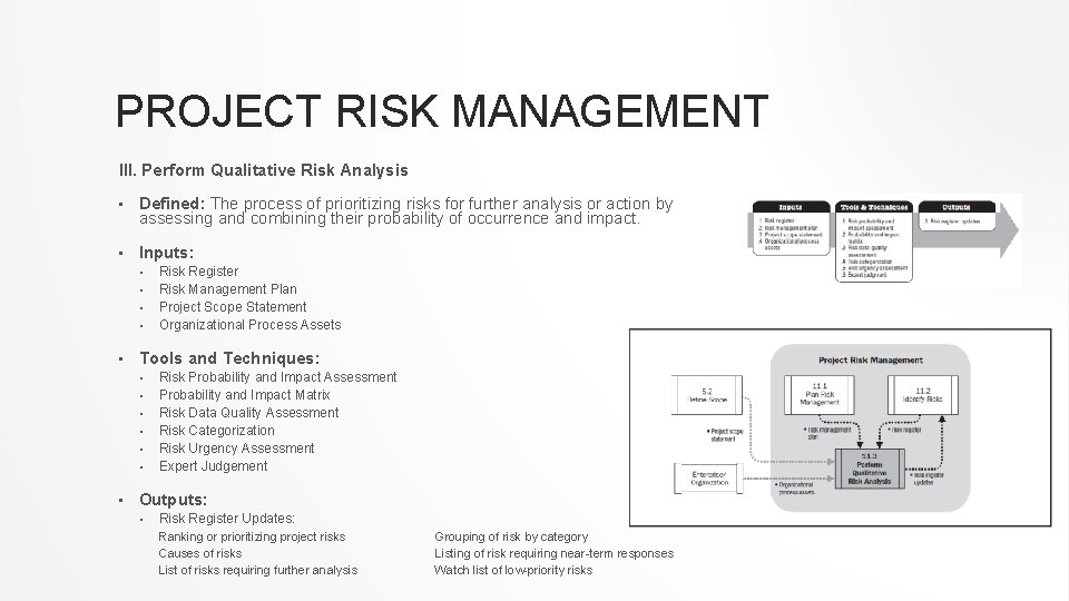 PROJECT RISK MANAGEMENT III. Perform Qualitative Risk Analysis • Defined: The process of prioritizing