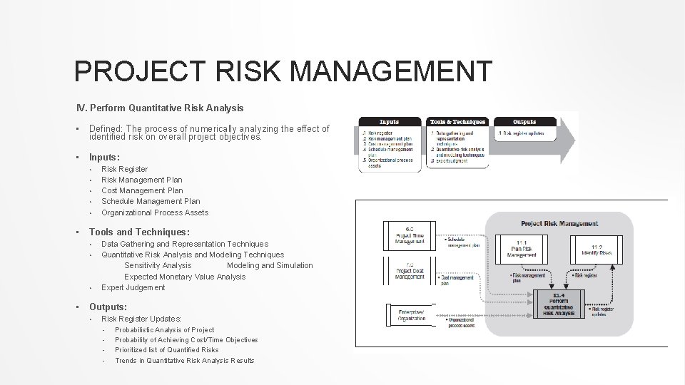 PROJECT RISK MANAGEMENT IV. Perform Quantitative Risk Analysis • Defined: The process of numerically