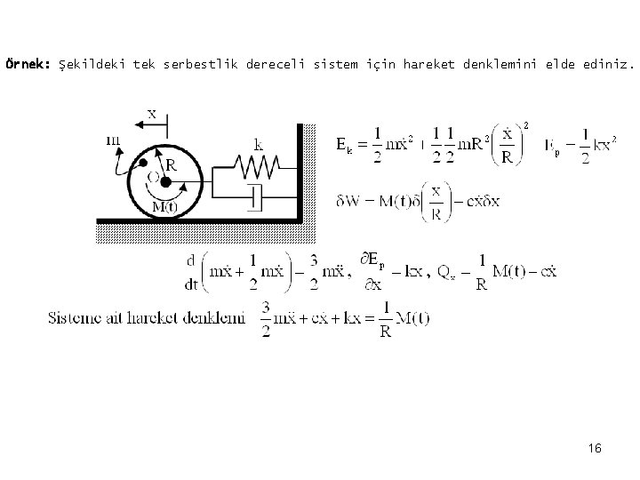 Örnek: Şekildeki tek serbestlik dereceli sistem için hareket denklemini elde ediniz. 16 