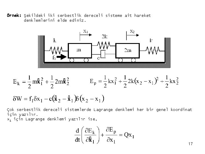 Örnek: Şekildeki iki serbestlik dereceli sisteme ait hareket denklemlerini elde ediniz. Çok serbestlik dereceli