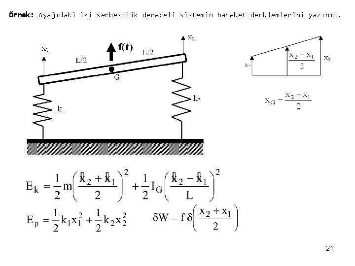 Örnek: Aşağıdaki iki serbestlik dereceli sistemin hareket denklemlerini yazınız. 21 