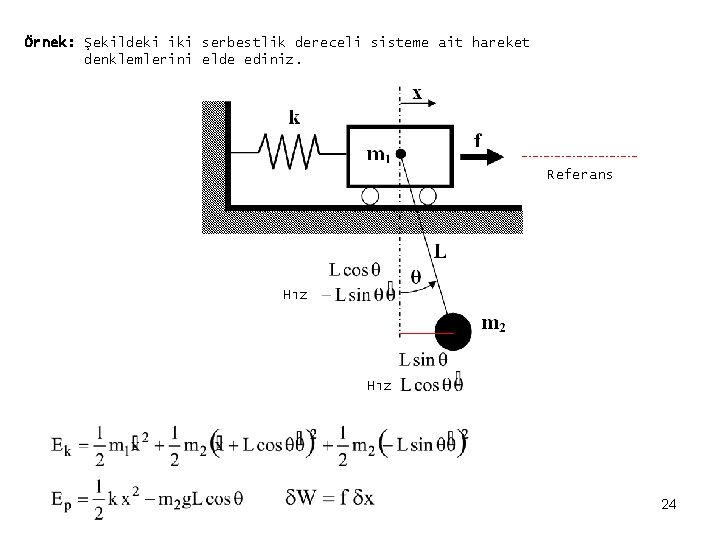 Örnek: Şekildeki iki serbestlik dereceli sisteme ait hareket denklemlerini elde ediniz. Referans Hız 24