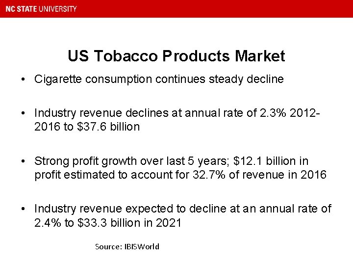 US Tobacco Products Market • Cigarette consumption continues steady decline • Industry revenue declines