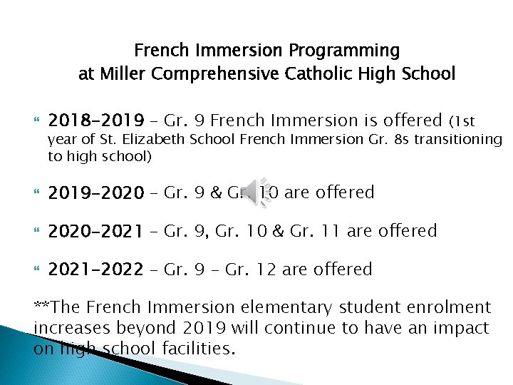 French Immersion Programming at Miller Comprehensive Catholic High School 2018 -2019 – Gr. 9