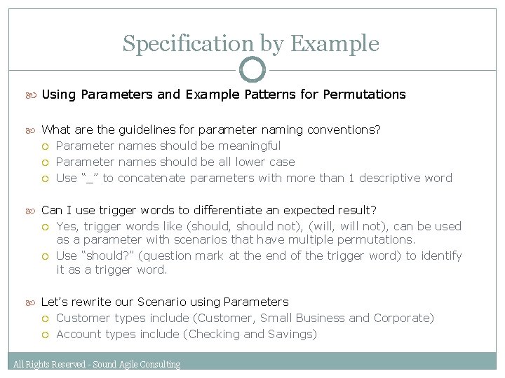Specification by Example Using Parameters and Example Patterns for Permutations What are the guidelines