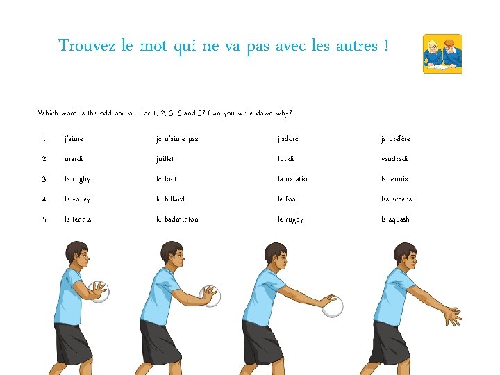 Trouvez le mot qui ne va pas avec les autres ! Which word is