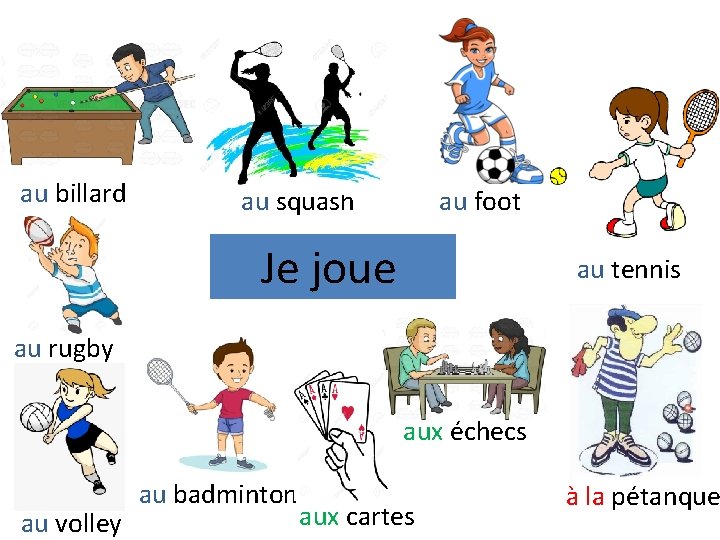 au billard au squash au foot Je joue au tennis au rugby aux échecs