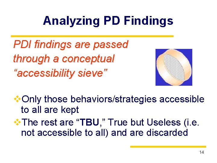 Analyzing PD Findings PDI findings are passed through a conceptual “accessibility sieve” v. Only