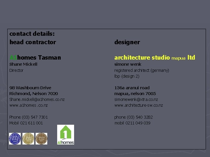 contact details: head contractor designer A 1 homes Tasman architecture studio mapua ltd Shane