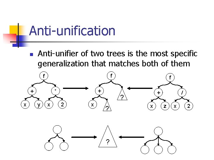 Anti-unification n Anti-unifier of two trees is the most specific generalization that matches both