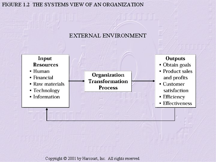FIGURE 1. 2 THE SYSTEMS VIEW OF AN ORGANIZATION EXTERNAL ENVIRONMENT Copyright © 2001
