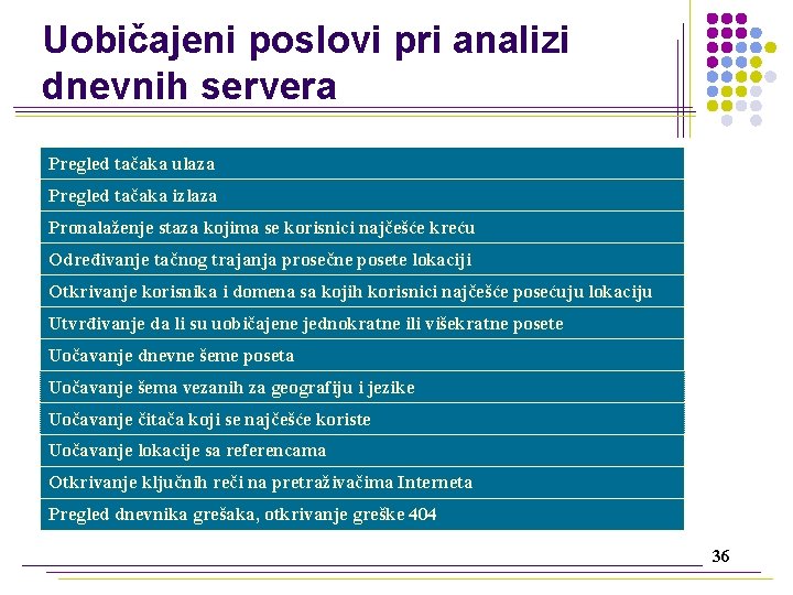 Uobičajeni poslovi pri analizi dnevnih servera Pregled tačaka ulaza Pregled tačaka izlaza Pronalaženje staza