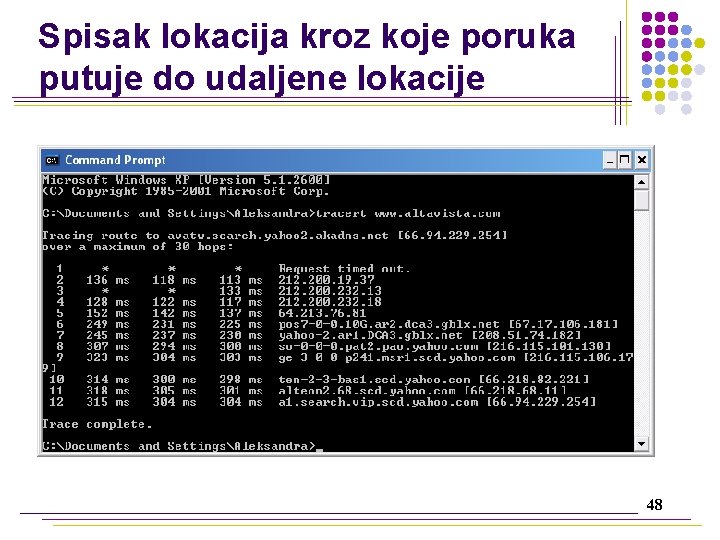 Spisak lokacija kroz koje poruka putuje do udaljene lokacije 48 