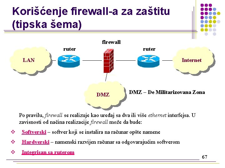 Korišćenje firewall-a za zaštitu (tipska šema) firewall ruter LAN Internet DMZ – De Militarizovana