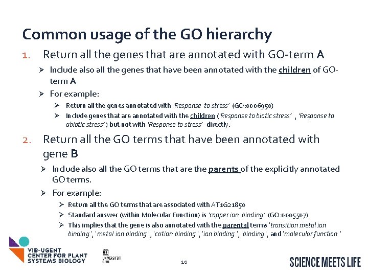 Common usage of the GO hierarchy 1. Return all the genes that are annotated