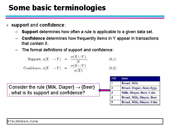 Some basic terminologies Ø support and confidence: – Support determines how often a rule