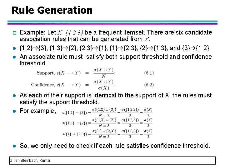 Rule Generation p l l Example: Let X={1 2 3} be a frequent itemset.