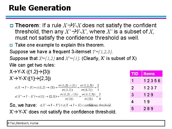 Rule Generation p Theorem: If a rule X Y-X does not satisfy the confident